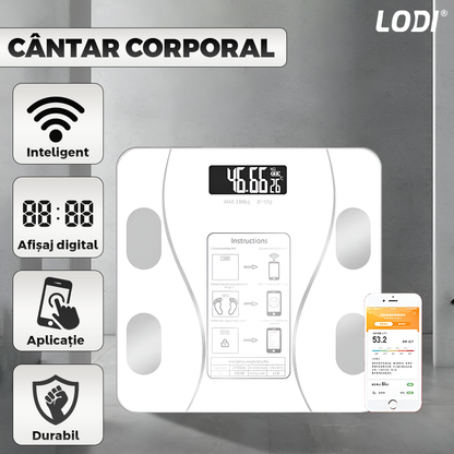 Cantar Electronic Inteligent Lodi1284, pentru baie, corporal, aplicatie smart, indicator greutate/baterie/temperatura, conectare bluetooth, afisaj digital iluminat, greutate maxima suportata 180 kg, baterii incluse,alb
