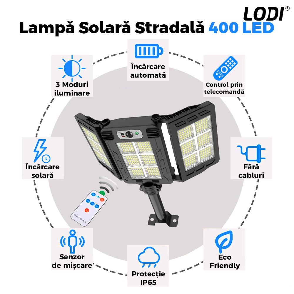Lampa Solara Stradala 400 LED-uri Lodi872, 3 capete, control prin telecomanda, senzor de miscare, 3 moduri de iluminare, protectie IP65, Waterproof, exterior, negru