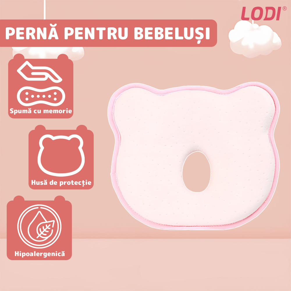 Perna pentru Bebelusi Lodi992, model ursulet, husa de protectie inclusa, spuma cu memorie, anti-plagiocefalie, pentru formarea capului, 26x22 cm,roz