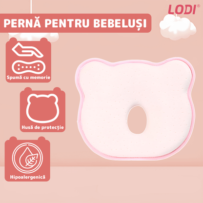 Perna pentru Bebelusi Lodi992, model ursulet, husa de protectie inclusa, spuma cu memorie, anti-plagiocefalie, pentru formarea capului, 26x22 cm,roz