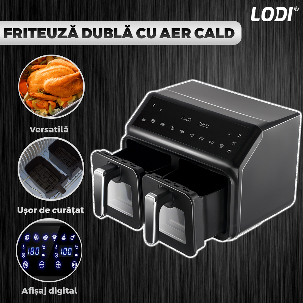Friteuza Dubla Fara Ulei Air Fryer Lodi1120, 100 tavi de copt cadou, tehnologie smart sensing, programe smart chef automate, capacitate 10 L, tehnologie de eliminare a grasimii, functie de pastrare la cald,tensiune alimentare 240 V,  negru