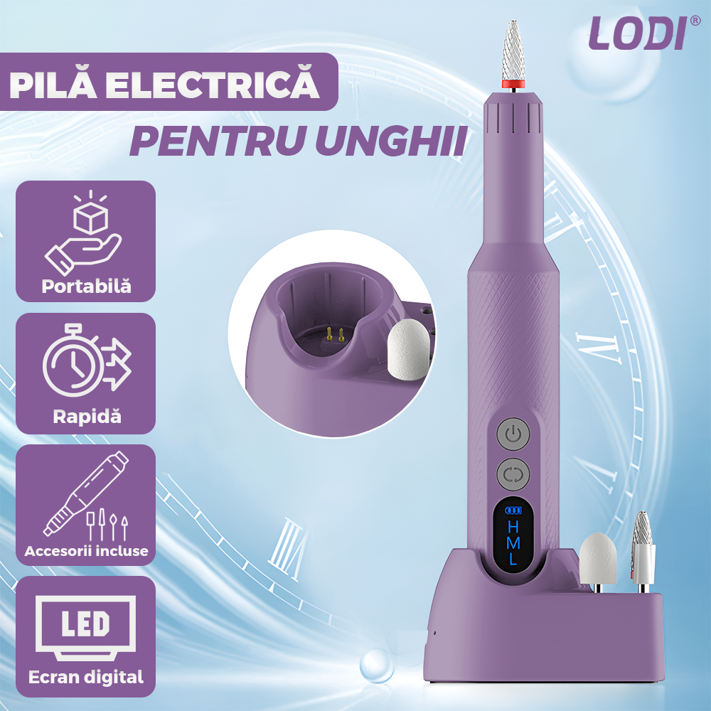 Pila Electrica Profesionala pentru Unghii Lodi1136, freză wireless, 18000 RPM, ecran LED, manichiura-pedichiura, 12 capete pentru pila, 36 benzi de slefurie, portabila, mov