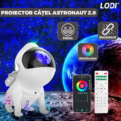 Proiector de Stele Catel Astronaut 2.0 Lodi549, lampa de veghe pentru copii, control prin aplicatie, compabil cu Alexa/Google Assistant, reglare 360, sunete albe, trepte de ajustare luminozitate, timer, 15 moduri de iluminare, speaker bluetooth, alb