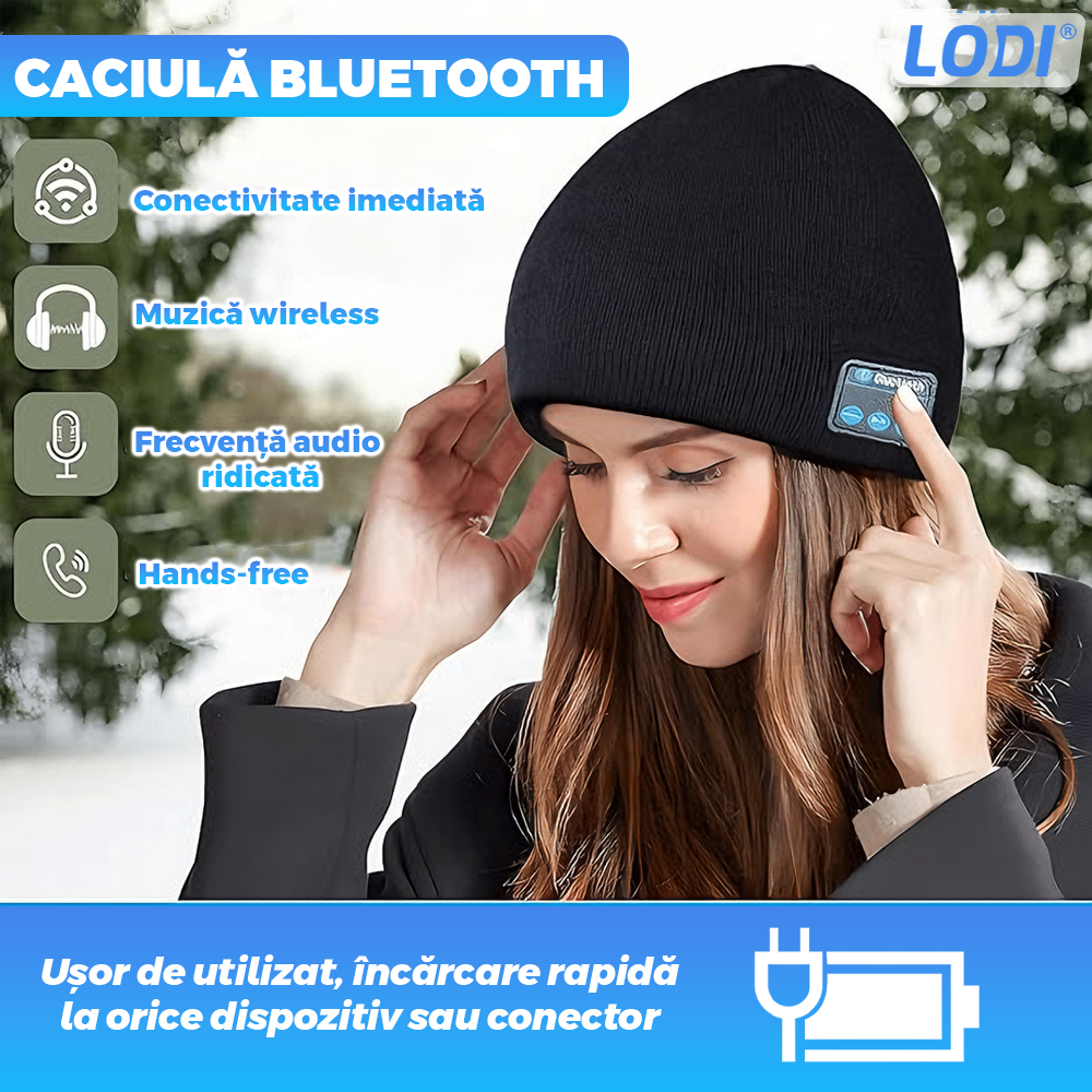 Caciula Bluetooth Unisex Lodi1492, hands-free, microfon, difuzoare stereo incorporate, sistem audio detasabil, curatare usoara, comoda, pentru alergare/drumetii, negru