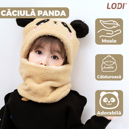 Caciula Pentru Copii Tip Cagula Lodi519, 2 in 1, tematica lumea animalelor, model ursulet panda zambitor, 1-5 ani, bej