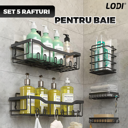 Set 5 Rafturi pentru Dus Lodi1264, depozitare si organizare, baie/bucatarie, otel inoxidabil, montare adeziva, rezistenta ridicata, cuiere incorporate, suporturi inalte, negru