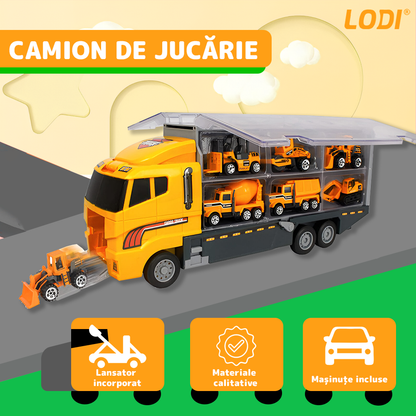 Set Camion Trailer de Jucarie pentru Transport Lodi1165, seria utilaje de constructie, 11 masinute incluse, bulldozer, utilaje, tir, accesorii mobile, lansator si rampa frontala, platforma tractare, galben