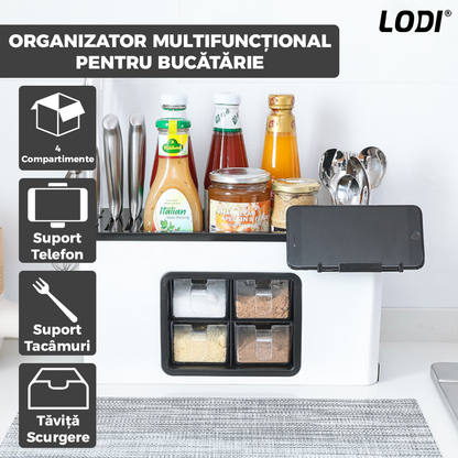 Organizator Multifunctional pentru Bucatarie Lodi534, 4 Compartimente, raft condimente, suport detasabil telefon,  tavita de scurgere, suport tacamuri/ustensile, alb