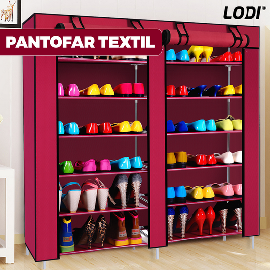 Pantofar din Material Textil pentru Incaltaminte Lodi1488, impermeabil, 12 rafturi, inchidere fermoar, cadru otel, 108 cm, rosu