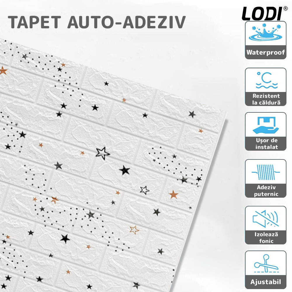 Set Tapet Caramida 3D Lodi69, model Stelute, suprafata acoperire 5.3 mp, autoadeziv, waterproof, usor de montat, design modern, 70x77 cm, alb
