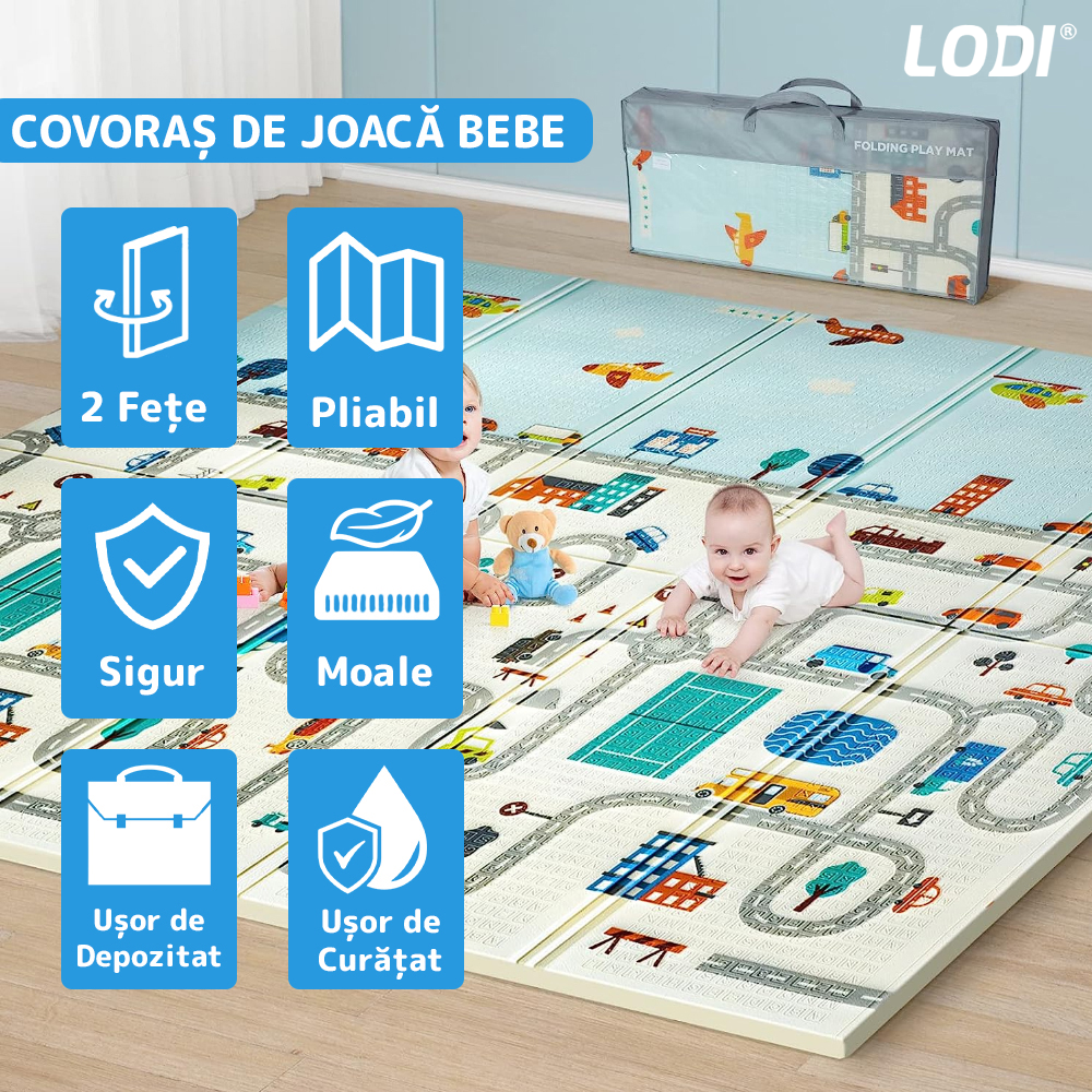 Covoras de Joaca pentru Copii Lodi287, 2 fete, termic, anti-derapant, pliabil, protectie impotriva loviturilor, oras si padure, 200x180cm, grosime 1 cm, multicolor