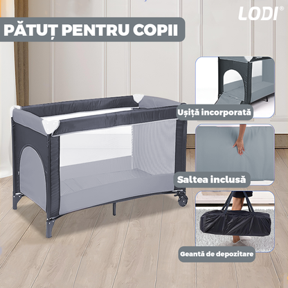 Patut Turistic Pliabil pentru Copii Lodi984, usa cu fermoar exterior, plasa de protectie tantari, materiale calitative, usor de montat, geanta de depozitare, dimensiuni 125x78x65, gri