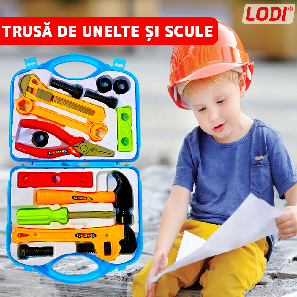 Set Trusa de Unelte si Scule Lodi475, jucarie de rol, 14 accesorii si cutie pentru depozitare. 37.5 x 21 cm, albastru