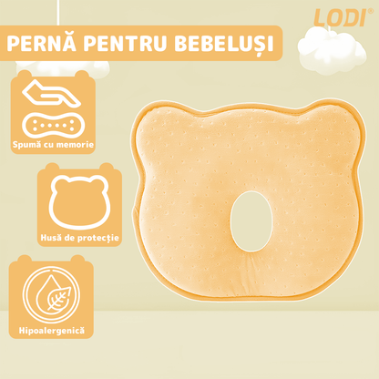Perna pentru Bebelusi Lodi1201, model ursulet, husa de protectie inclusa, spuma cu memorie, anti-plagiocefalie, pentru formarea capului, 26x22 cm, galben