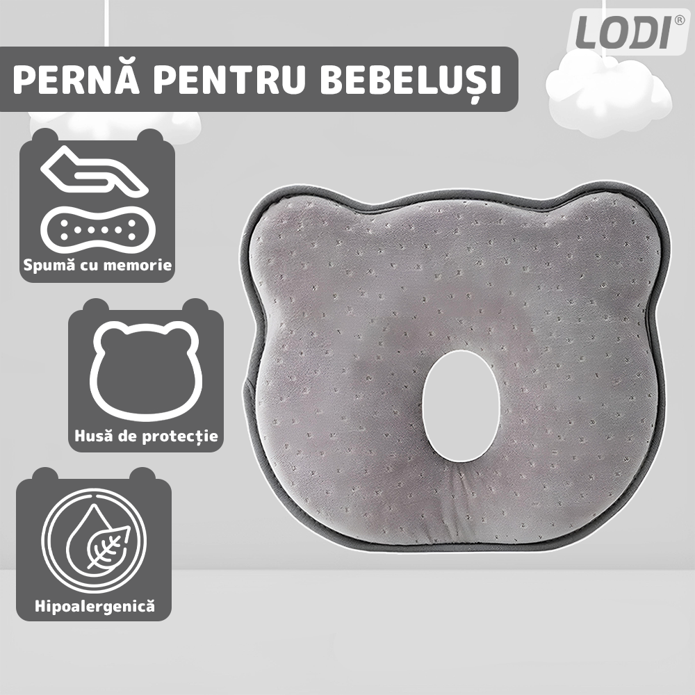 Perna pentru Bebelusi Lodi994, model ursulet, husa de protectie inclusa, spuma cu memorie, anti-plagiocefalie, pentru formarea capului, 26x22 cm, gri inchis