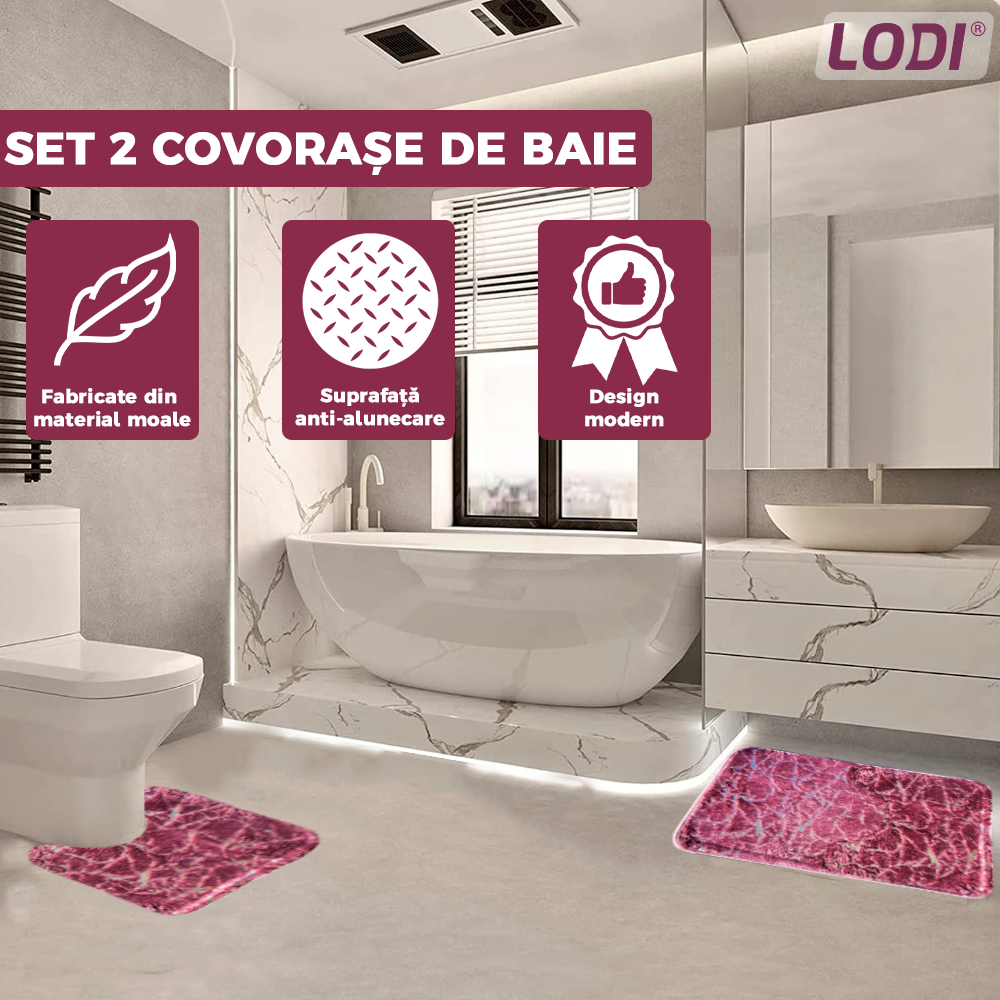 Set 2 Covorase de Baie Lodi439, anti-derapante, material moale, design modern, finisaj auriu, Model 9, 80x50 & 50x40cm, visiniu