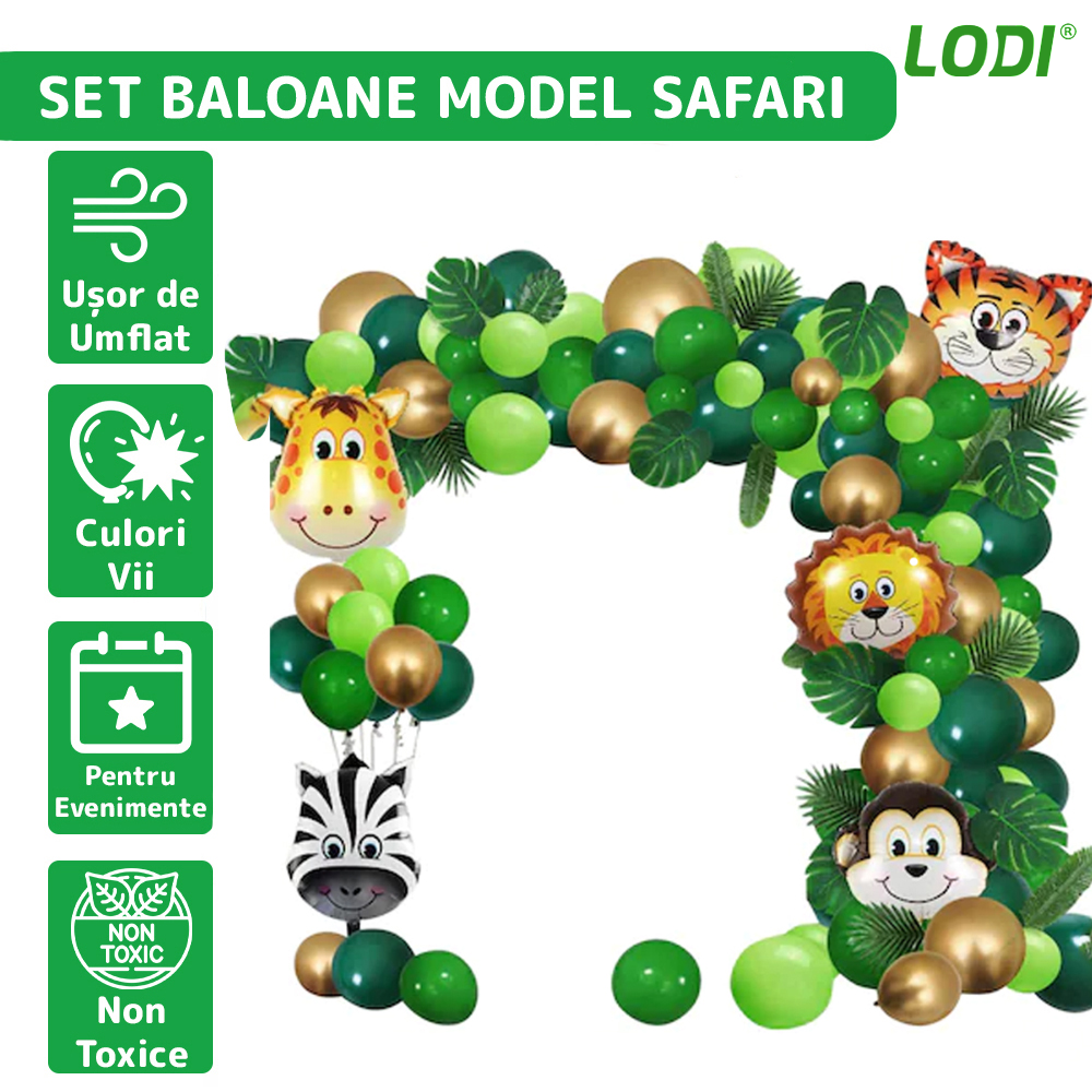 Set 106 Baloane si Decoratiuni Lodi301, pentru Petreceri/Aniversari copii, tema junglei/safari, latex, multicolor/verde
