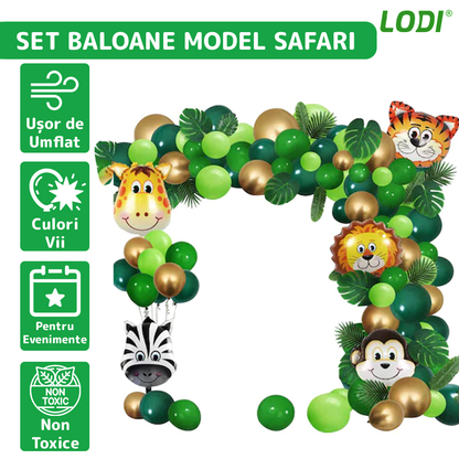 Set 106 Baloane si Decoratiuni Lodi301, pentru Petreceri/Aniversari copii, tema junglei/safari, latex, multicolor/verde