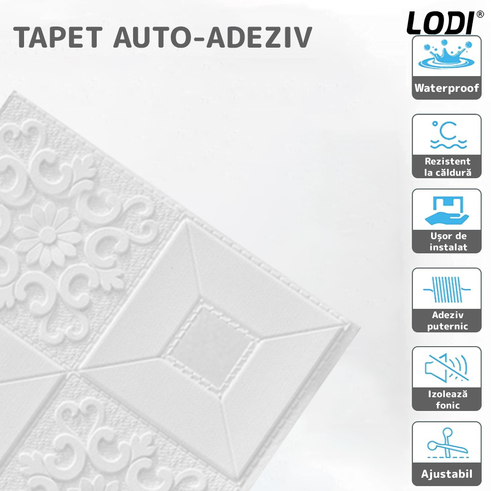 Set Tapet Mic 3D Lodi108, suprafata acoperire 3.06 mp, autoadeziv, perete/tavan, waterproof, usor de montat, design modern, 35x35 cm, alb