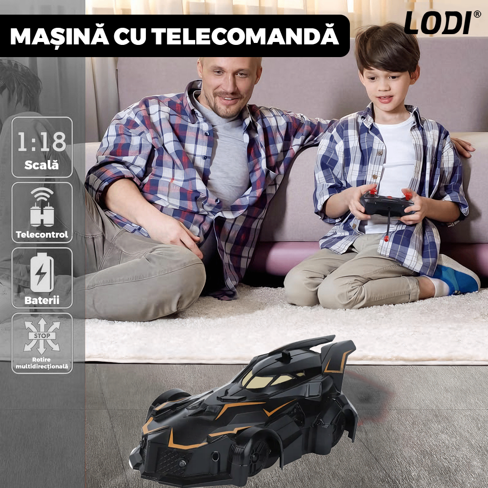 Masinuta Antigravitationala cu Telecomanda Lodi1429, urcare pe pereti si tavan, compatibila cu orice suprafata, rotire 360 de grade, senzor infrarosu, incarcare cu port USB, telecomanda intuitiva, negru