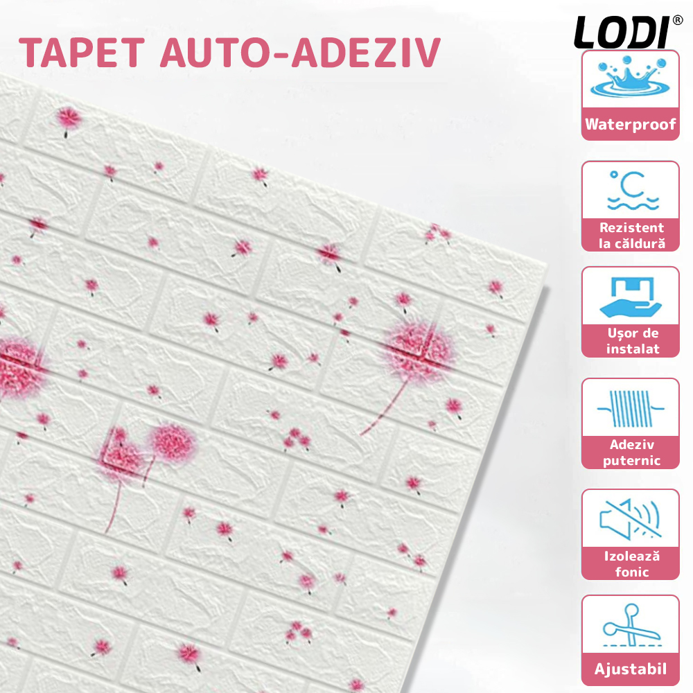 Set Tapet Caramida 3D Lodi74, model Flori, suprafata acoperire 5.3 mp, autoadeziv, waterproof, usor de montat, design modern, 70x77 cm, alb