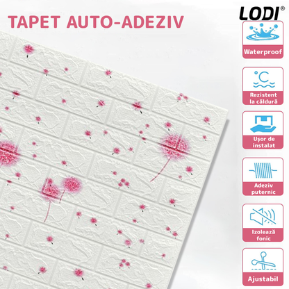 Set Tapet Caramida 3D Lodi74, model Flori, suprafata acoperire 5.3 mp, autoadeziv, waterproof, usor de montat, design modern, 70x77 cm, alb