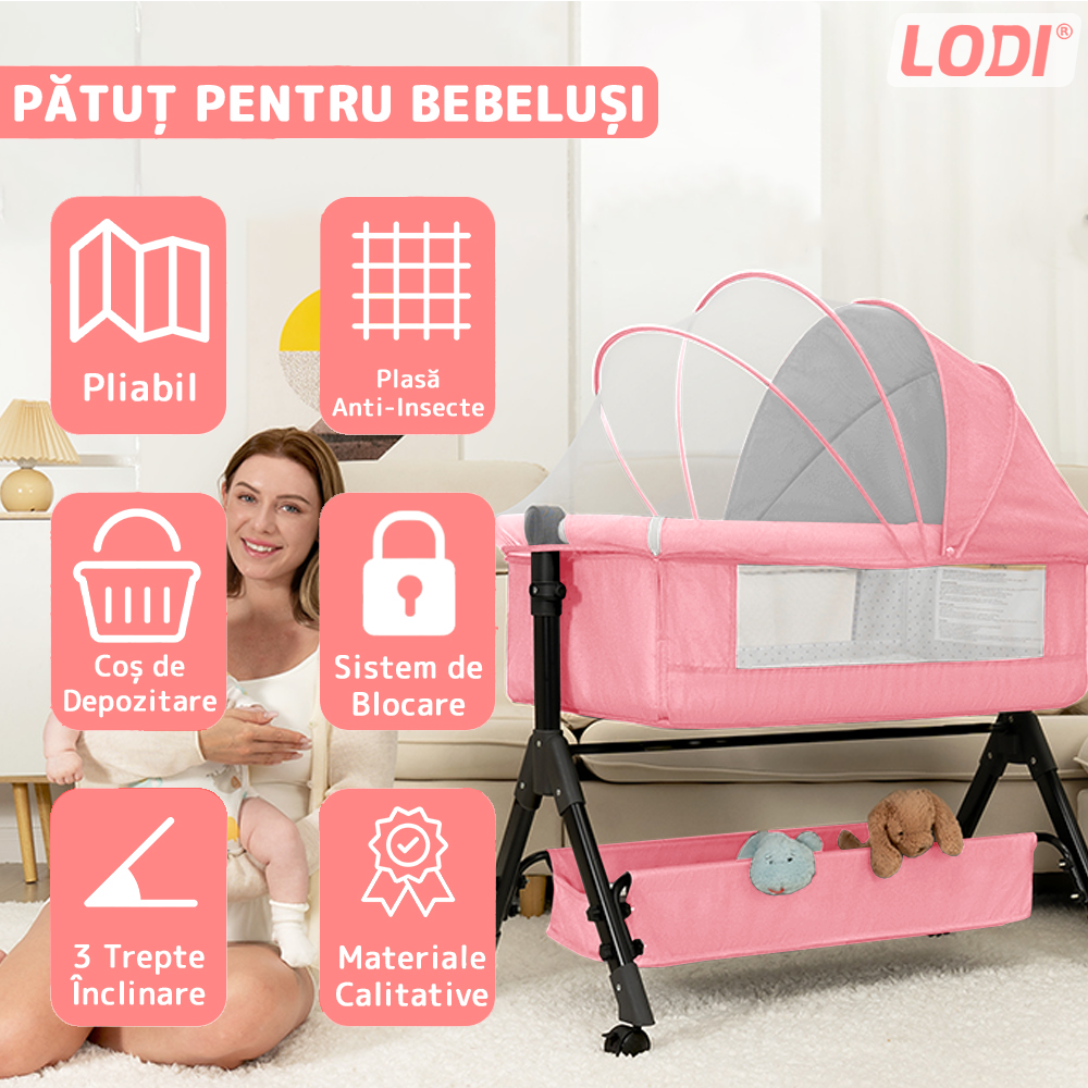 Patut Pliabil pentru Bebelusi Lodi1134, 3 trepte de inclinare, sistem de blocare, plasa anti-insecte, cos depozitare, roz deschis