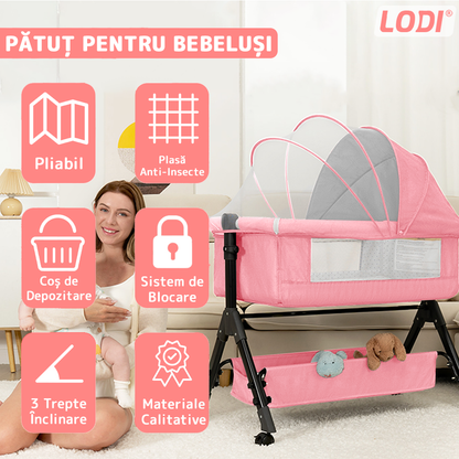 Patut Pliabil pentru Bebelusi Lodi1134, 3 trepte de inclinare, sistem de blocare, plasa anti-insecte, cos depozitare, roz deschis