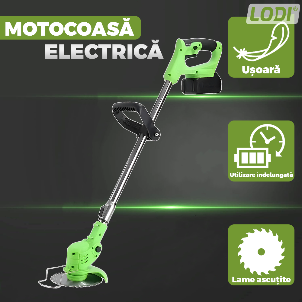 Motocoasa Electrica Lodi1175, acumulator 24V, baston telescopic, 3 tipuri de lame pentru taiere, 18000 RPM, autonomie de 2-3 ore, accesorii incluse, verde
