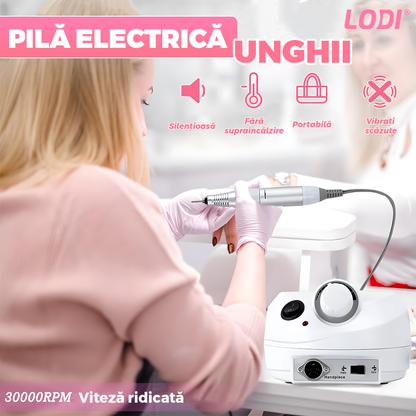 Freza Electrica de Unghii Lodi1518, profesionala, pentru manichiura/pedichiura, doua moduri de utilizare, manual/pedala, 6 capete, 3000 RPM, alb