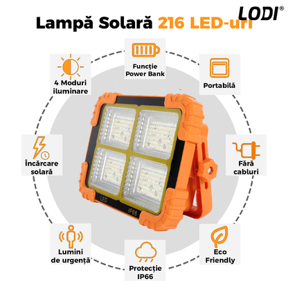 Lampa Solara 216 LED-uri Lodi267, 4 moduri de iluminare, protectie IP66, lumini de urgenta, power bank, portabila, Waterproof, exterior, portocaliu
