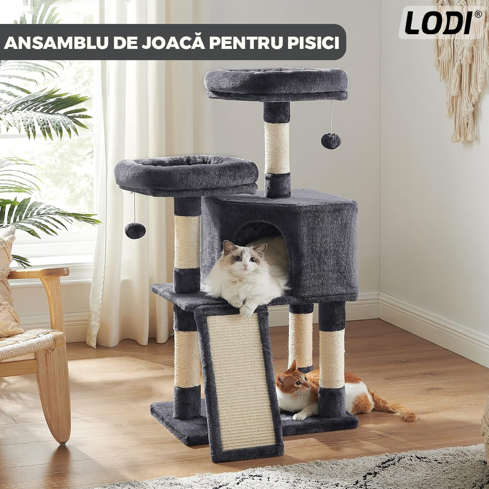 Ansamblu de Joaca pentru Pisici Lodi630, tip turn, 2 platforme de observatie, 3 niveluri, 1 casuta, scara, franghie si mingiute de joaca, stalpi pentru zgariat, captuseala extra moale, structura stabila, 115 cm, gri inchis