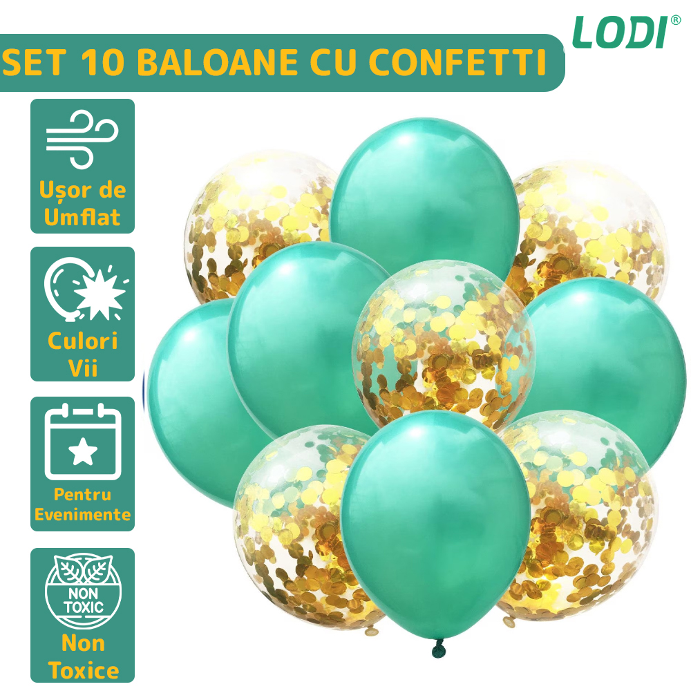 Set 10 Baloane Lodi258, Confeti, pentru Petreceri/Aniversari/Evenimente, o singura dimensiune, 2 culori, latex, turcoaz/auriu