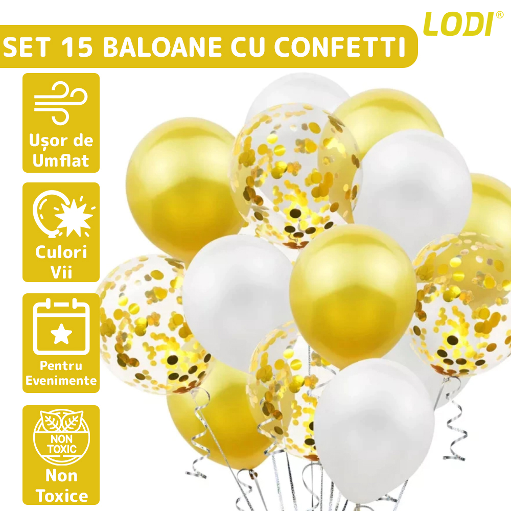 Set 15 Baloane Lodi261, Confeti, pentru Petreceri/Aniversari/Evenimente, o singura dimensiune, 3 culori, latex, auriu/alb/transparent
