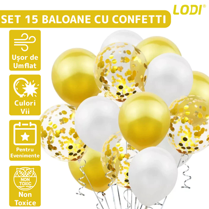 Set 15 Baloane Lodi261, Confeti, pentru Petreceri/Aniversari/Evenimente, o singura dimensiune, 3 culori, latex, auriu/alb/transparent