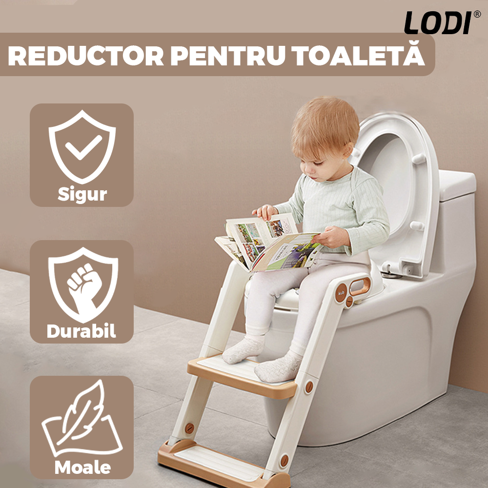 Reductor WC cu Scara Lodi647, antiderapant, pentru copii cu varsta pana la 7 ani, protectie impotriva stropilor, 2 trepte, reglabil pe inaltime, manere de sustinere, alb/rose gold