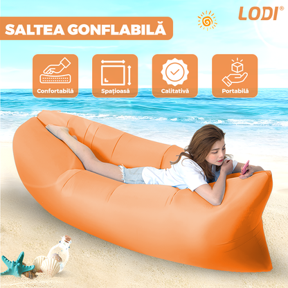 Saltea Gonflabila Tip Sezlong Lazybag Lodi1233, material rezistent, umflare fara pompa, pentru plaja/picnic/camping, rucsac de depozitare, 190 x 70 cm, portocaliu