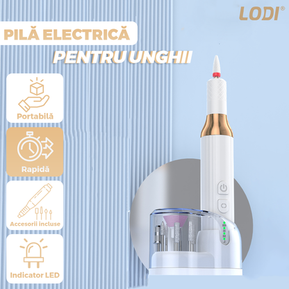 Pila Electrica Profesionala pentru Unghii Lodi1137, freza wireless, 18000 RPM, indicator led, manichiura-pedichiura, 12 capete pentru pila, 36 benzi de slefurie, portabila, alb
