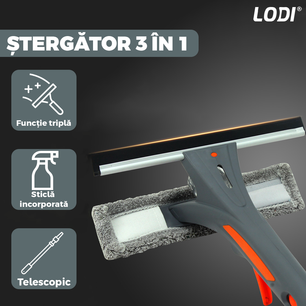 Stergator de Geamuri 3 in 1 Lodi706, laveta detasabila, racleta pentru curatare si lustruire, sticla de spray incorporata, telescopic, gri/portocaliu