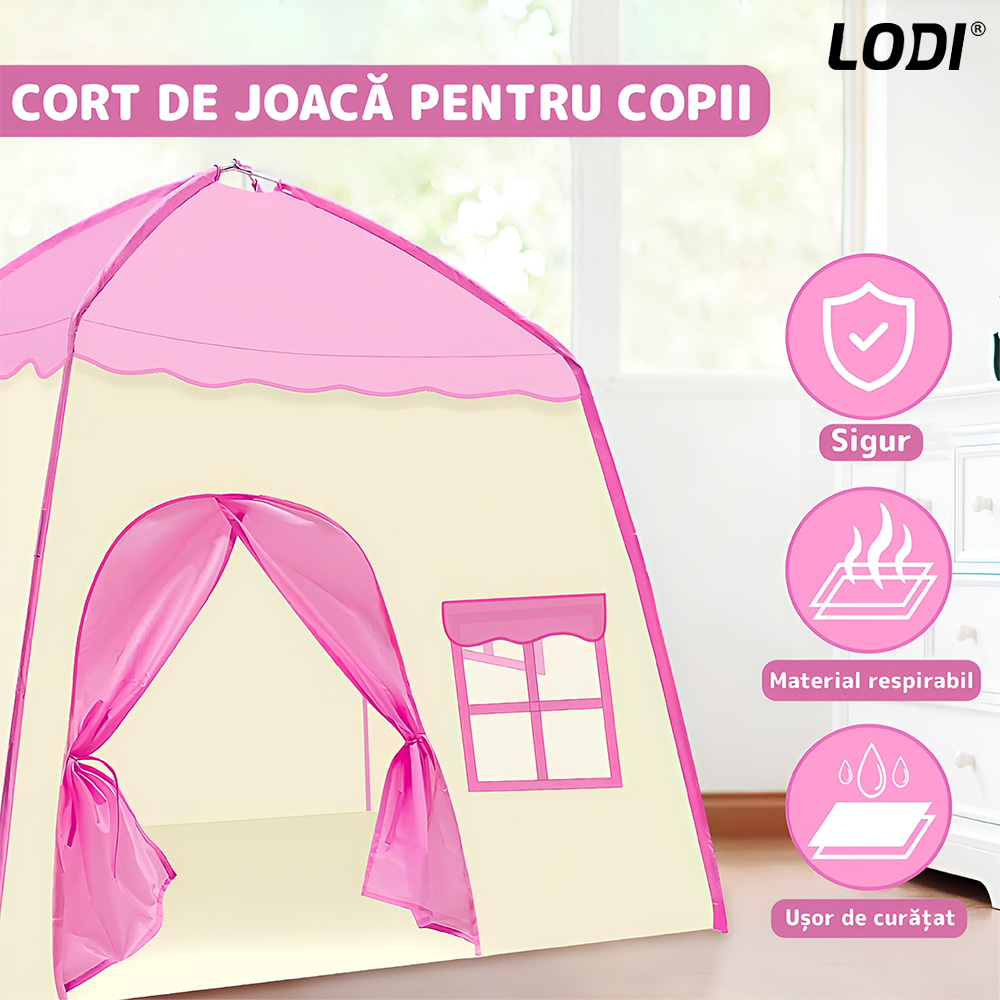 Cort de Joaca pentru Copii tip Casuta Lodi651, covoras inclus cu 2 fete, usa tip perdea, geamuri cu plasa, usor de montat, interior/exterior, roz