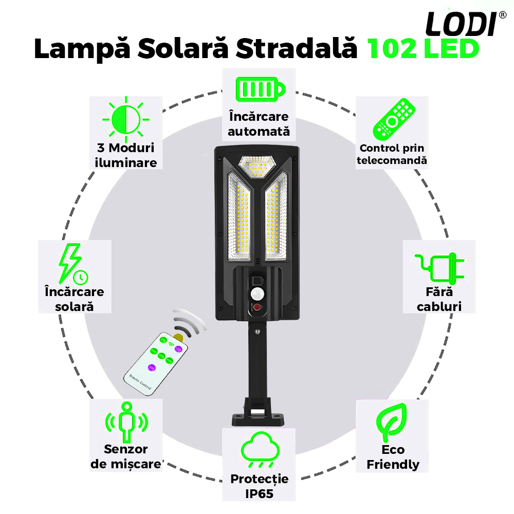 Lampa Solara Stradala 102 LED-uri Lodi881, control prin telecomanda, senzor de miscare, 3 moduri de iluminare, protectie IP65, Waterproof, exterior, negru