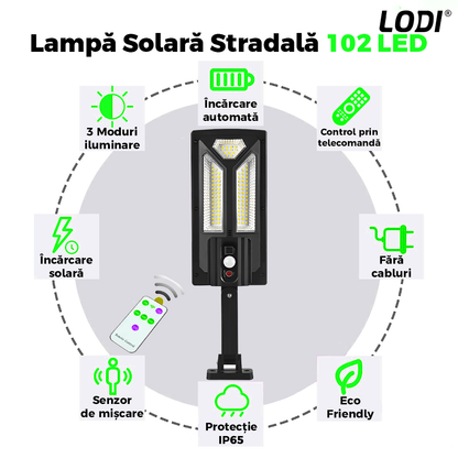 Lampa Solara Stradala 102 LED-uri Lodi881, control prin telecomanda, senzor de miscare, 3 moduri de iluminare, protectie IP65, Waterproof, exterior, negru