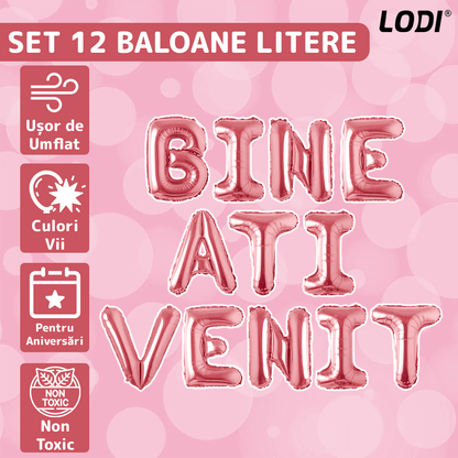 Set 12 Baloane Lodi1048, Litere, pentru Petreceri/Aniversari/Evenimente, o singura dimensiune, o culoare, metalizate, folie, model BINE ATI VENIT, roz, 45 cm