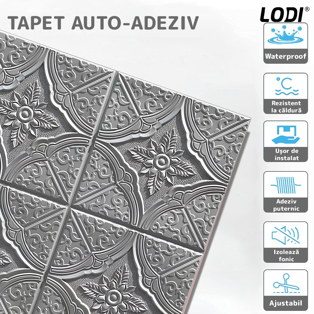 Set 10x Tapet 3D Lodi805, suprafata acoperire 4.9 mp, autoadeziv, Model Floral Diamant, perete/tavan, waterproof, usor de montat, design modern, 70x70 cm, gri