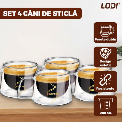 Set 4 Cani de Sticla cu Perete Dublu Lodi1004, model COFFEE, design modern, termorezistente, capacitate 200 ml, 12 x 8 cm