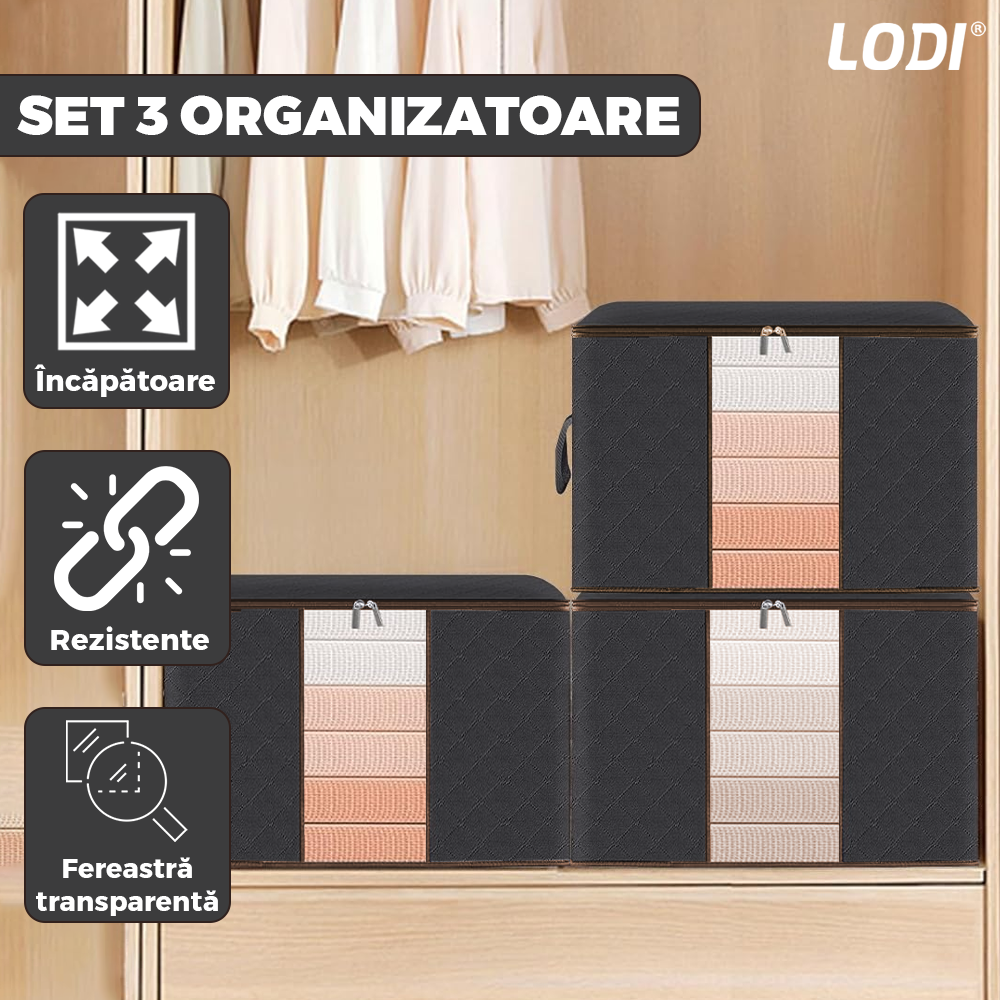 Set 3 Cutii pentru Depozitare si Organizare Mari Lodi1035, pliabile, maner ranforsat si fereastra transparenta, pentru haine/paturi/ plapumi/ perne/ lenjerii de pat/jucarii, 105 L, 70x50x30 cm, negru