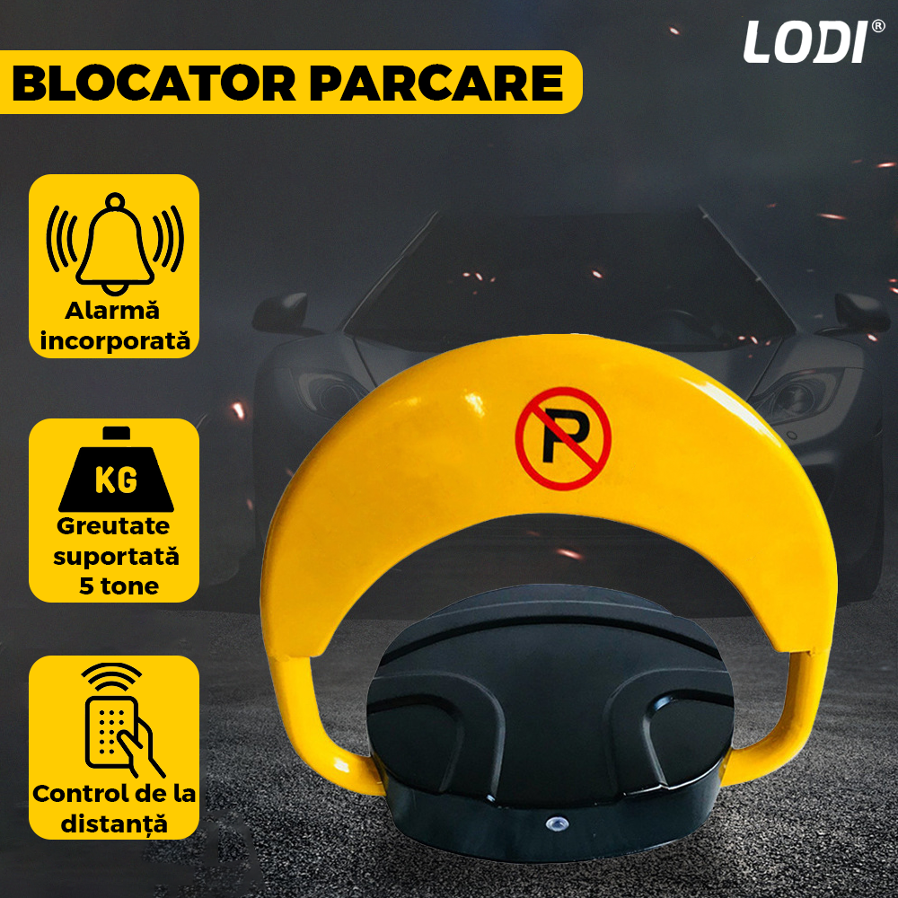 Blocator Parcare Automat Lodi674, pentru loc parcare si alee, cu telecomanda si alarma, greutate suportata 2 tone, material rezistent, anti-rugina, alimentare pe baterii, negru/galben