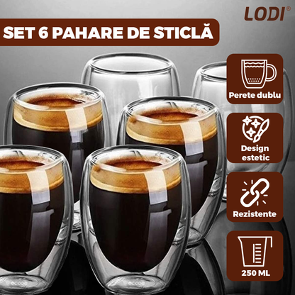 Set 6 Pahare din Sticla cu Perete Dublu Lodi1000, termorezistente, design modern, capacitate 250 ml, 9 x 8 cm
