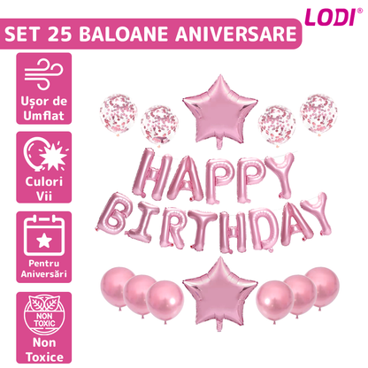 Set 25 Baloane Lodi717, Litere, pentru Petreceri/Aniversari/Evenimente, confetti, stelute, model HAPPY BIRTHDAY, rose