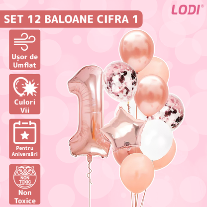 Set 12 Baloane Lodi1060, Cifra 1, pentru Petreceri/Aniversari/Evenimente, Stea/Rotunde/Confetti, 3 culori, latex, rose gold